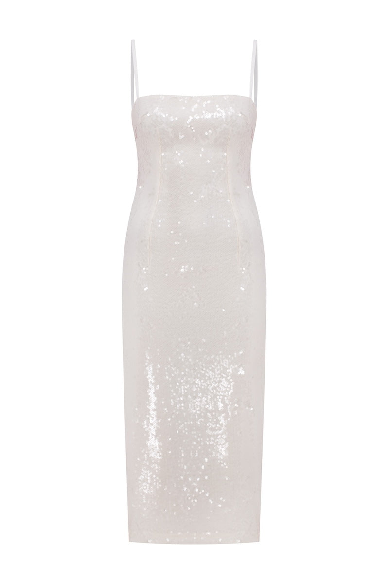 Nazlı Ceren Miles Sequin Dress in Cloud Cream, elegant midi dress with shimmering sequins, flowing silhouette, perfect for special occasions.