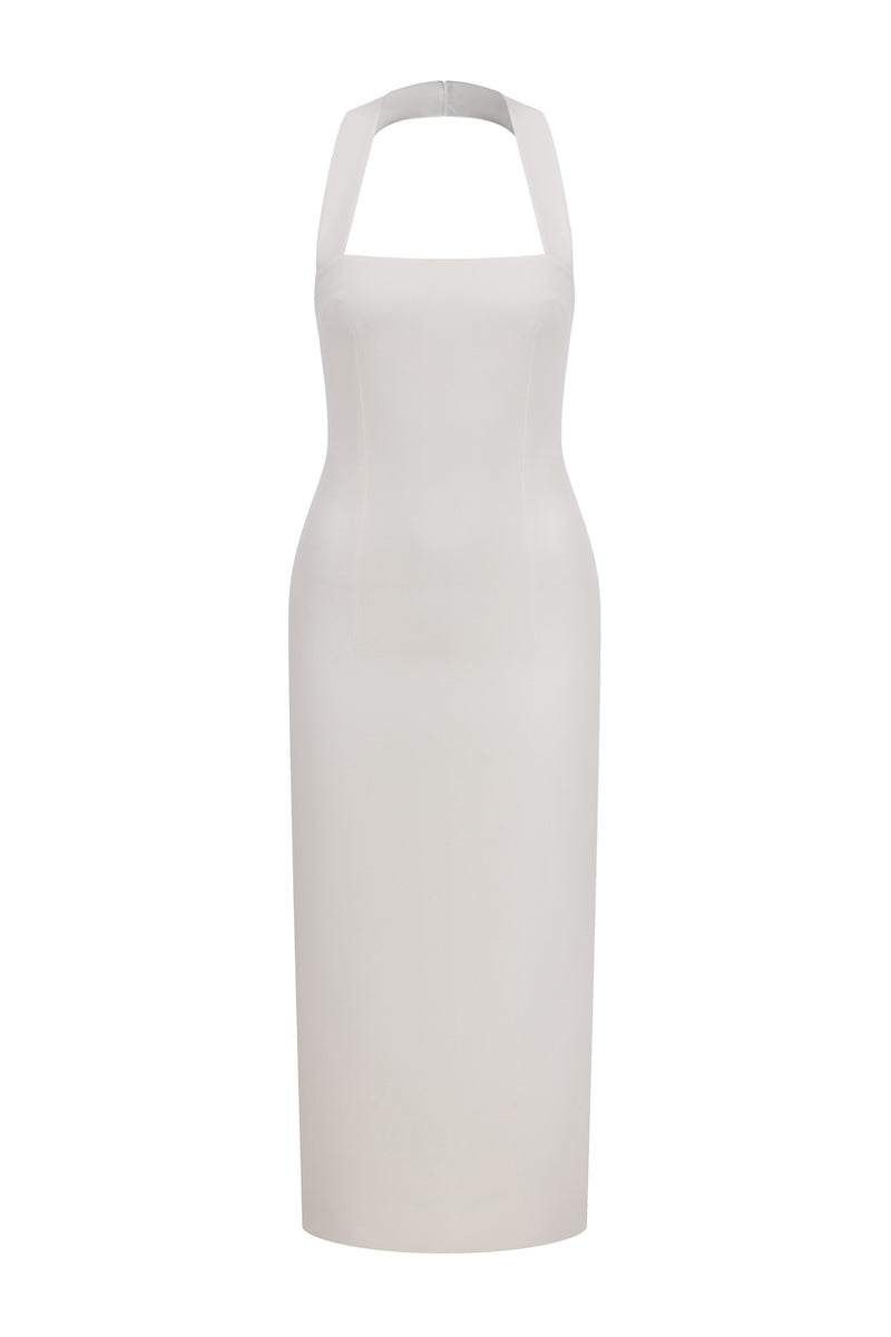 Nazlı Ceren Margaux crepe midi dress in vanilla ice, elegant knee-length dress with a fitted waist and flowy skirt, stylish and comfortable.