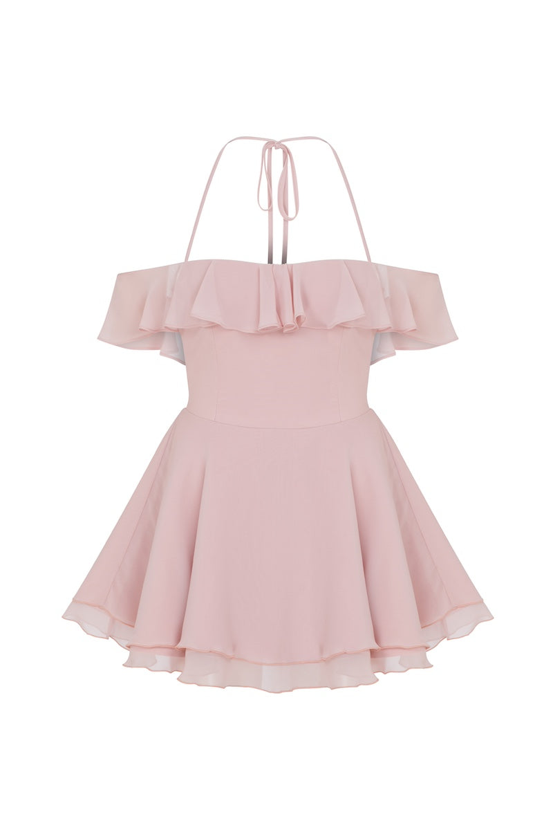 Nazlı Ceren Evie Mini Dress in tender peach, lightweight fabric, fitted silhouette, and sleeveless design perfect for summer.