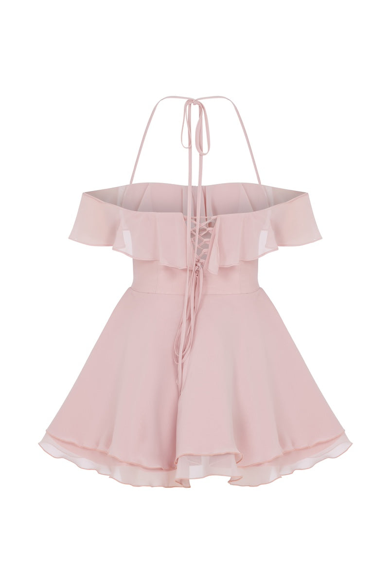 Nazlı Ceren Evie Mini Dress in tender peach, lightweight sleeveless design with a fitted silhouette and feminine style.