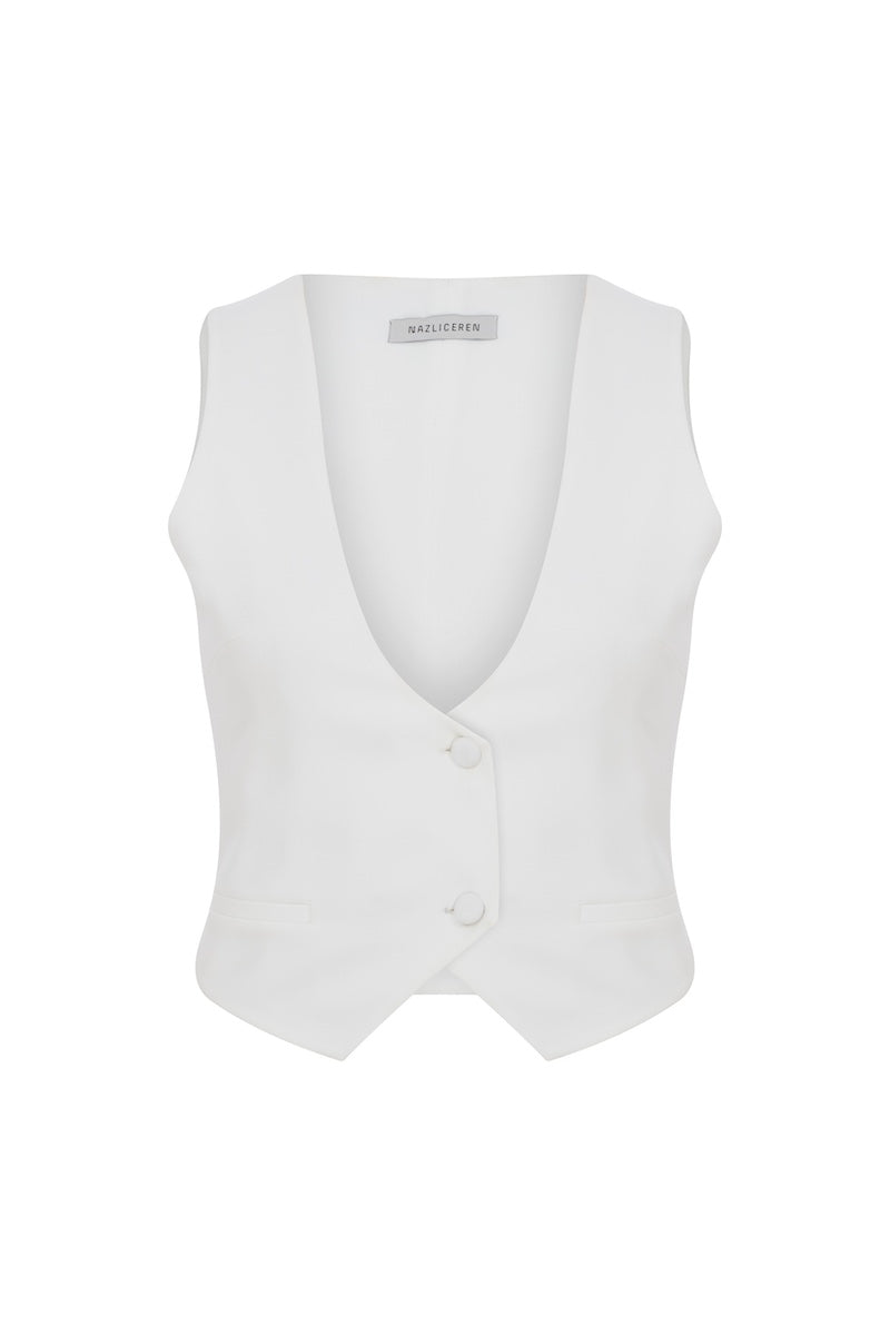 White Marielle vest by Nazlı Ceren, stylish tops with a fitted design, featuring clean lines and a modern silhouette.
