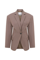 Tagg draped blazer with cinched waist, stylish jacket featuring a tailored fit and elegant draping details.