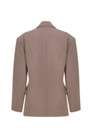 TAGG draped blazer with cinched waist, stylish women's jacket featuring a modern, elegant design and tailored fit.