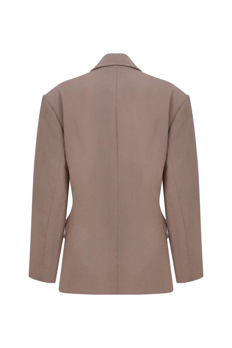 TAGG draped blazer with cinched waist, stylish women's jacket featuring a modern, elegant design and tailored fit.