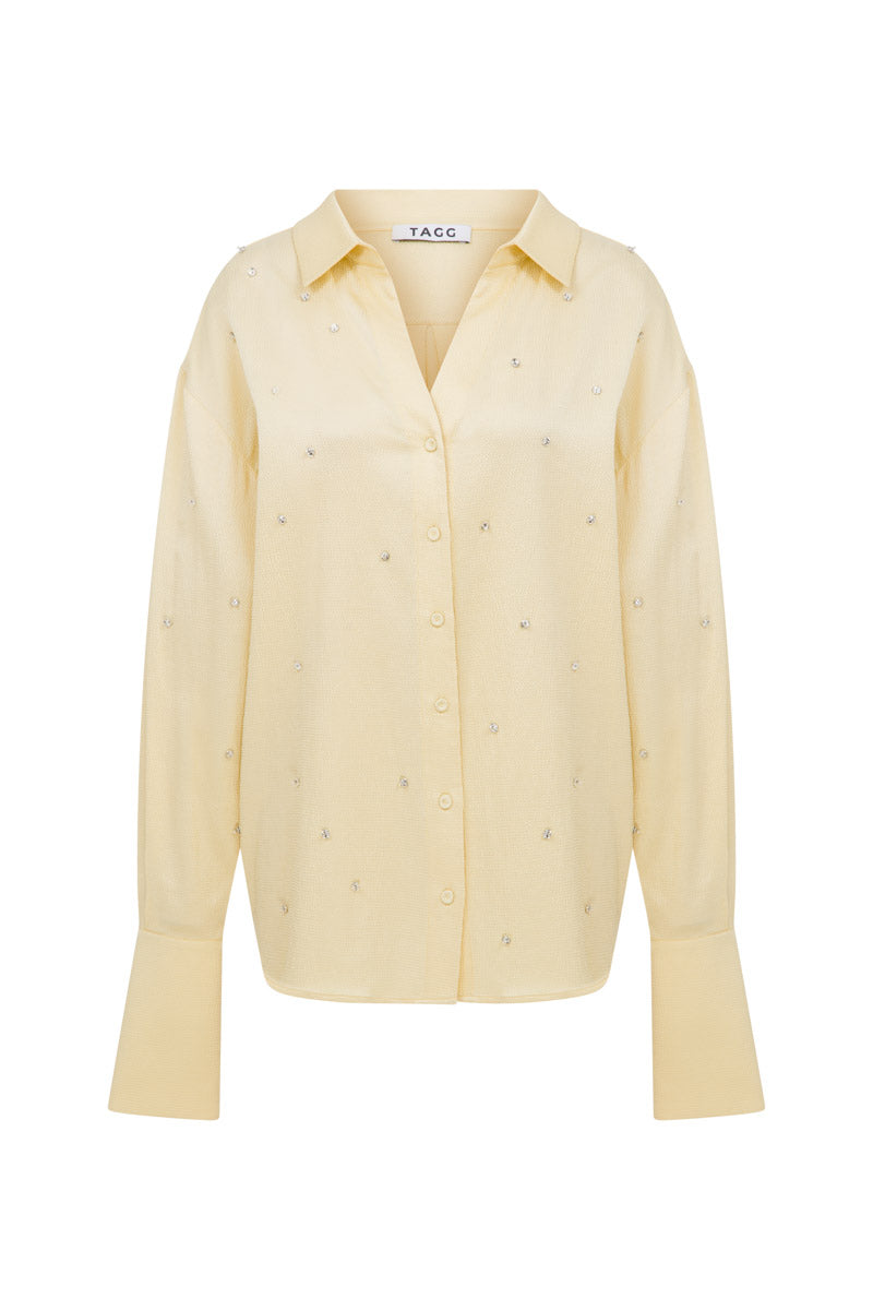 Tagg oversized shirt with crystal embroidery, featuring a relaxed fit and intricate embellishments on soft fabric.