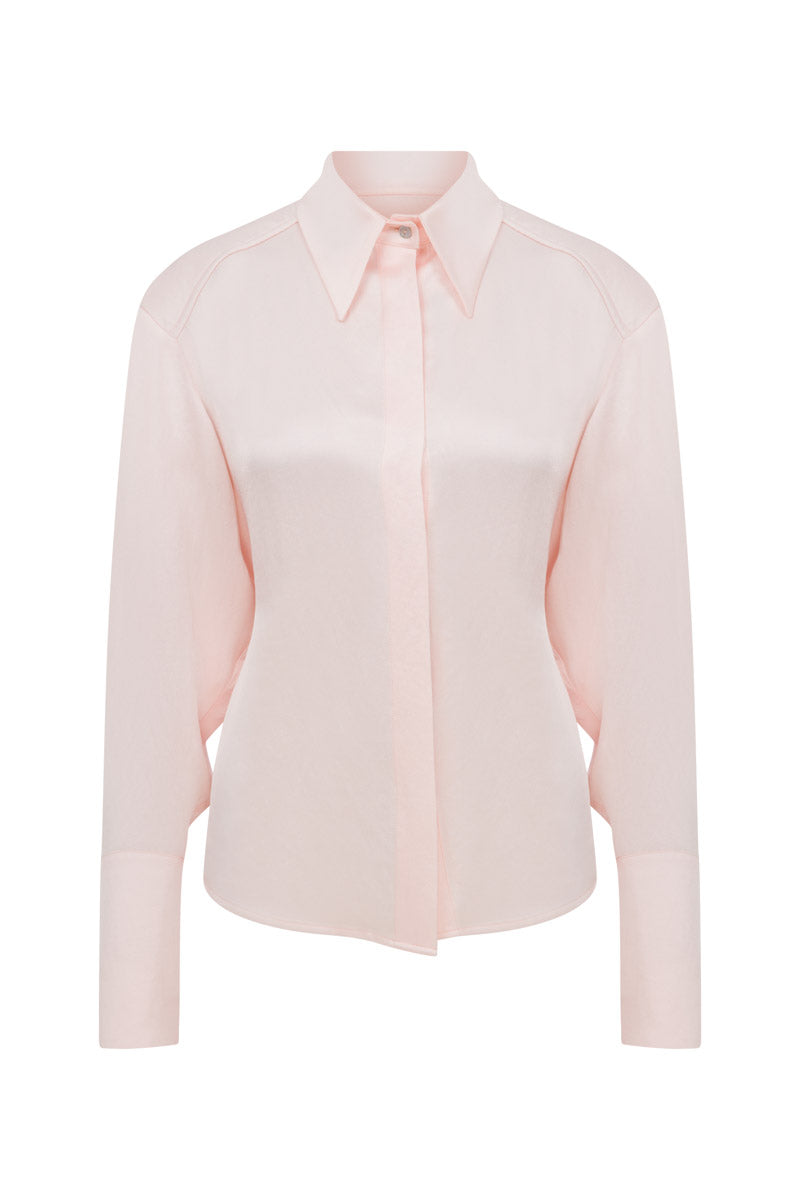 Tagg satin shirt with shoulder pads and belt featuring a buckle, stylish and sleek for a modern look.