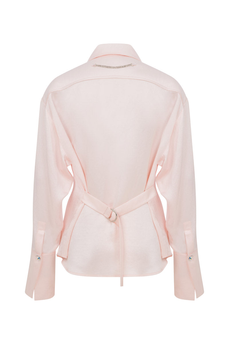 SATIN SHIRT WITH SHOULDER PADS AND BELT WITH BUCKLE - CULT MIA