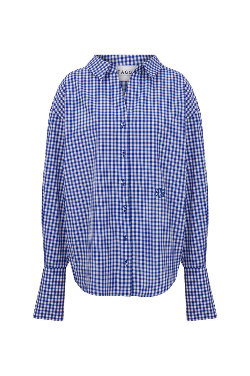 Tagg poplin gingham oversized shirt with embroidered details, featuring a relaxed fit and classic check pattern.