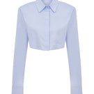 Tagg cropped poplin shirt with shoulder pads, featuring a fitted design and classic collar, shown on a white background.