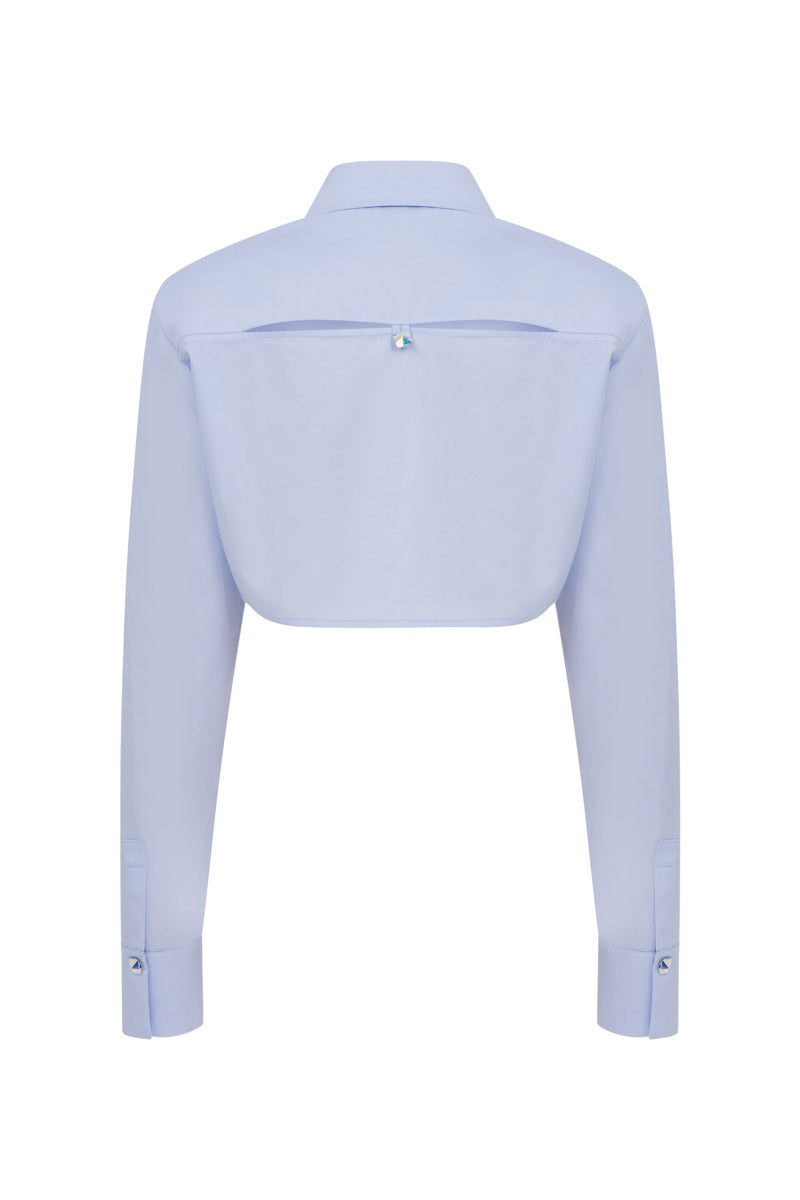 Tagg cropped poplin shirt with shoulder pads, stylish button-up shirt featuring a tailored fit and structured shoulders.