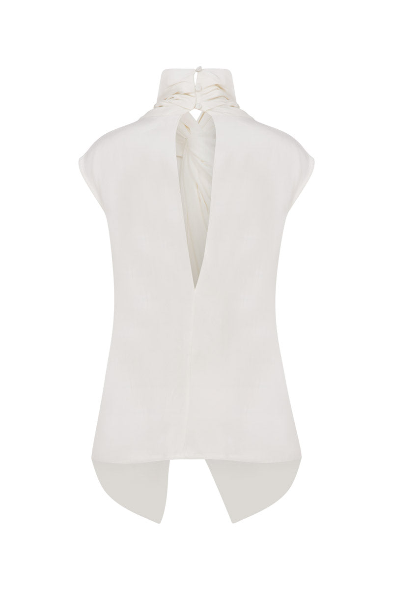 Tagg sleeveless top with knot detail, lightweight fabric and casual fit, shown on a hanger with front view.