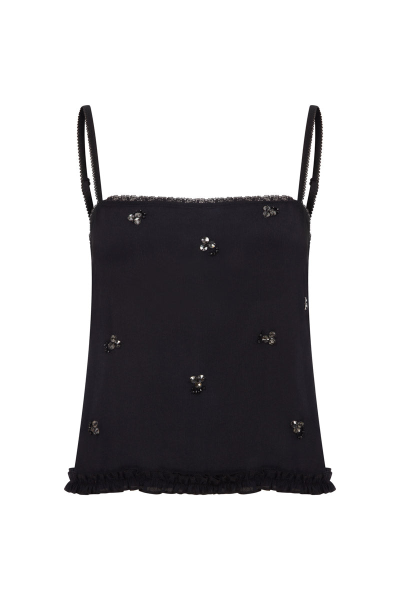 Embroidered TAGG camisole top in crinkled chiffon fabric, featuring delicate embroidery and a lightweight, flowy design.