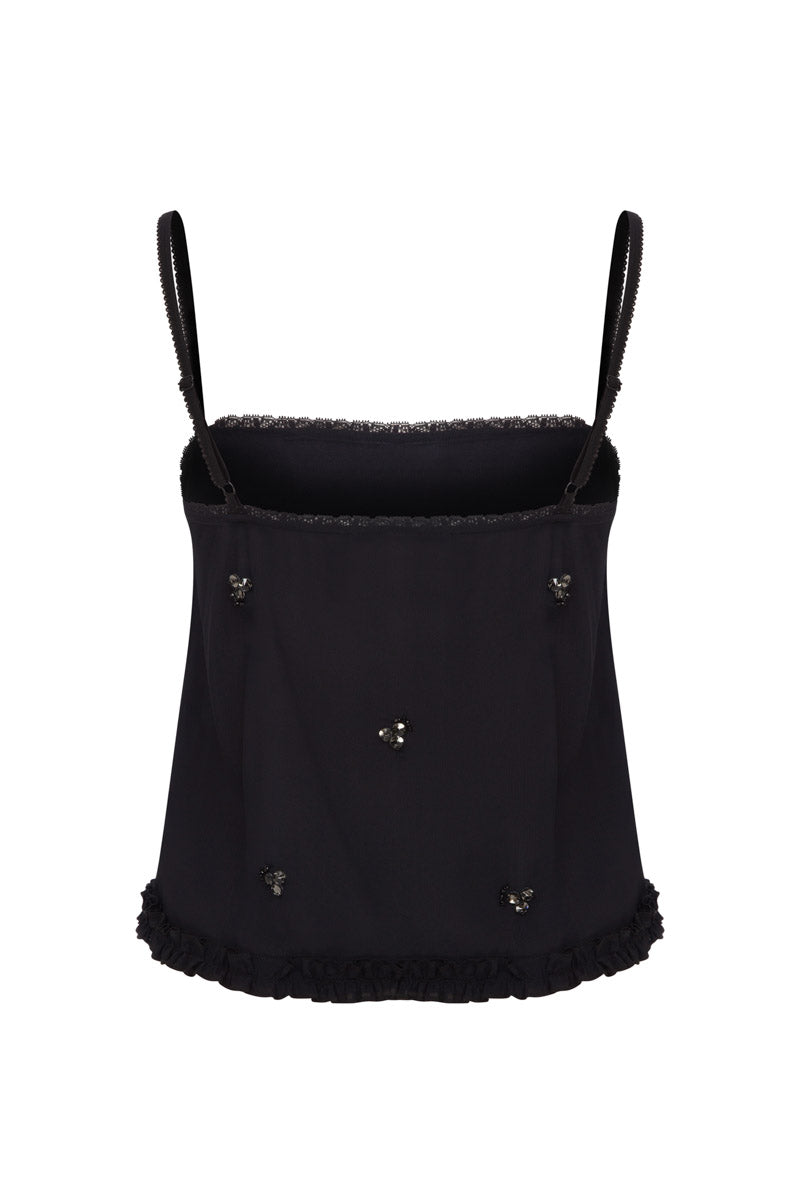 Tagg embroidered cami top in crinkled chiffon fabric, showcasing delicate embroidery and lightweight, flowy design.