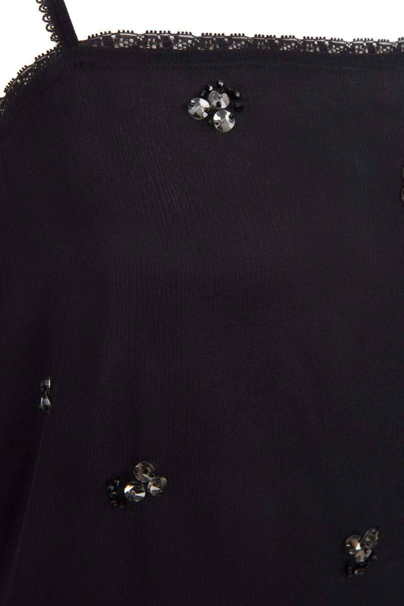 Tagg embroidered camisole in crinkled chiffon, featuring delicate embroidery and lightweight, flowy fabric.