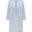 Embroidered baby blue satin coat for children by TAGG, featuring delicate embroidery and a smooth, shiny satin finish.