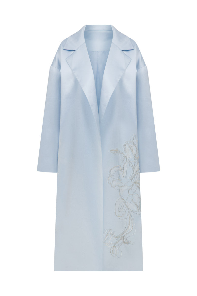 Embroidered baby blue satin coat for children by TAGG, featuring delicate embroidery and a smooth, shiny satin finish.