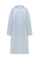 Embroidered baby blue satin coat by TAGG, featuring detailed embroidery and a smooth, shiny satin finish for infants.