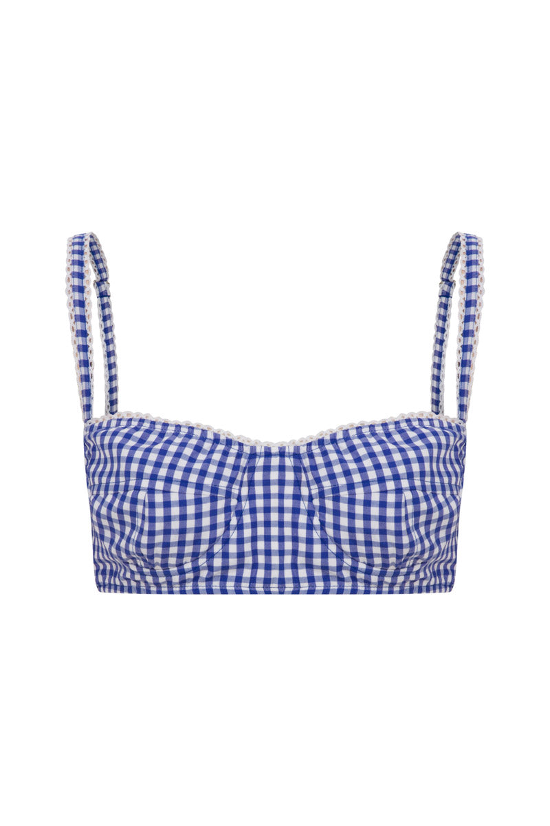 Tagg poplin gingham bralette with lace trim, featuring a lightweight, comfortable design and adjustable straps.