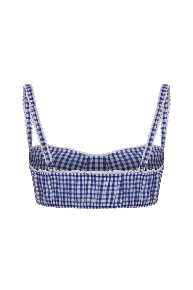 Tagg poplin gingham bralette with lace trim, showcasing a stylish, comfortable tops design with delicate lace details.