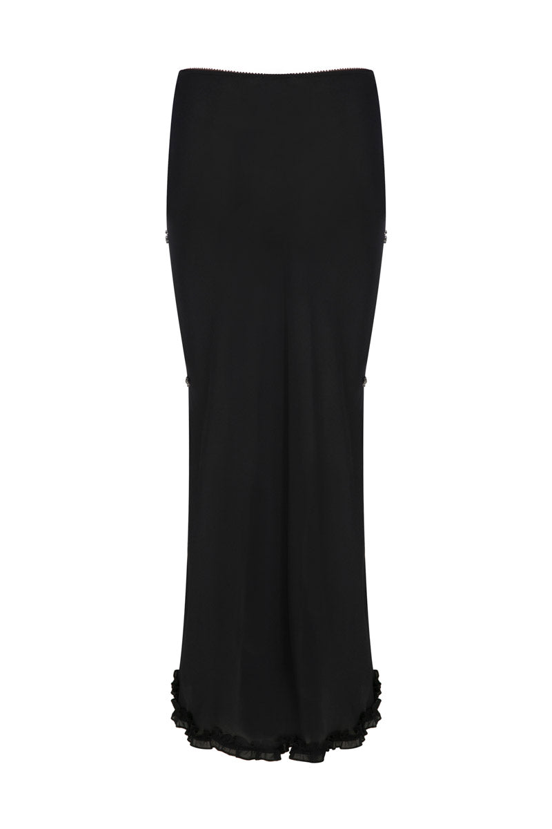 Embroidered maxi skirt in crinkled chiffon by TAGG, featuring intricate embroidery and flowing fabric.