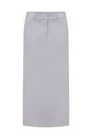 Tagg structured silver satin maxi skirt shown with a flowing, elegant design and a smooth satin finish.
