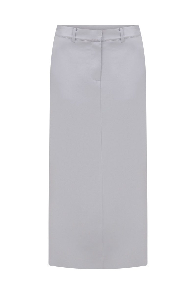 Tagg structured silver satin maxi skirt shown with a flowing, elegant design and a smooth satin finish.