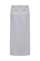 TAGG structured silver satin maxi skirt with a flowing design, featuring a smooth, shiny fabric and elegant silhouette.