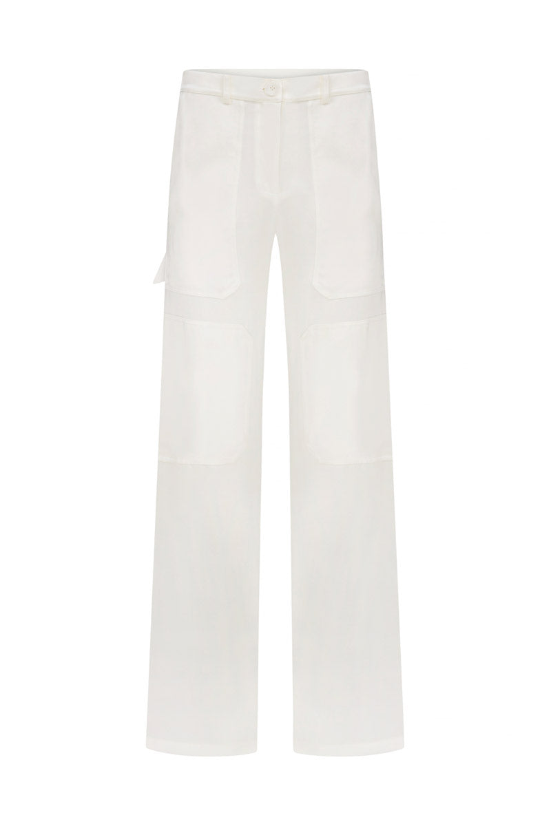 TAGG satin cargo pants featuring intricate embroidery, with a relaxed fit and multiple pockets for a stylish, functional look.