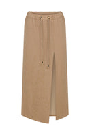 Tagg linen pencil skirt with embroidery, midi length, tailored fit, featuring intricate embroidered details on lightweight fabric.
