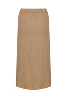 Light beige linen pencil skirt with intricate embroidery, midi length, designed by TAGG, showcased on a plain background.