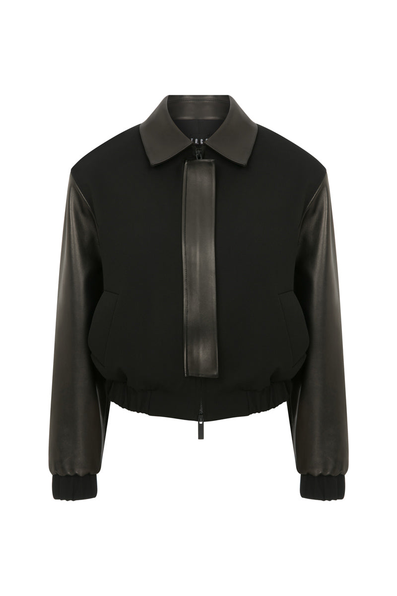 Black cropped relaxed fit bomber jacket by TAGG with ribbed cuffs and waistband, stylish and comfortable outerwear for casual wear.