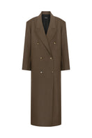 Brown oversized double-breasted wool coat by TAGG, featuring wide lapels and a relaxed fit, displayed on a hanger.