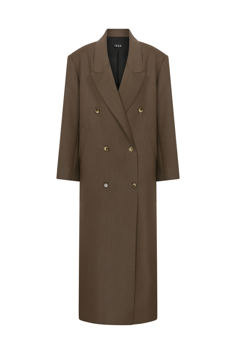 Brown oversized double-breasted wool coat by TAGG, featuring wide lapels and a relaxed fit, displayed on a hanger.
