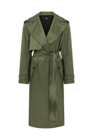 Green belted trench coat by TAGG, stylish outerwear with a classic silhouette, featuring a waist belt and tailored design.
