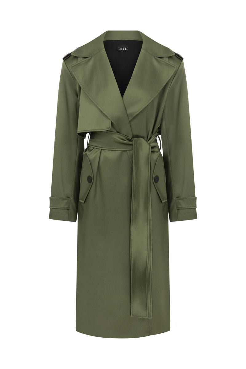 Green belted trench coat by TAGG, stylish outerwear with a classic silhouette, featuring a waist belt and tailored design.