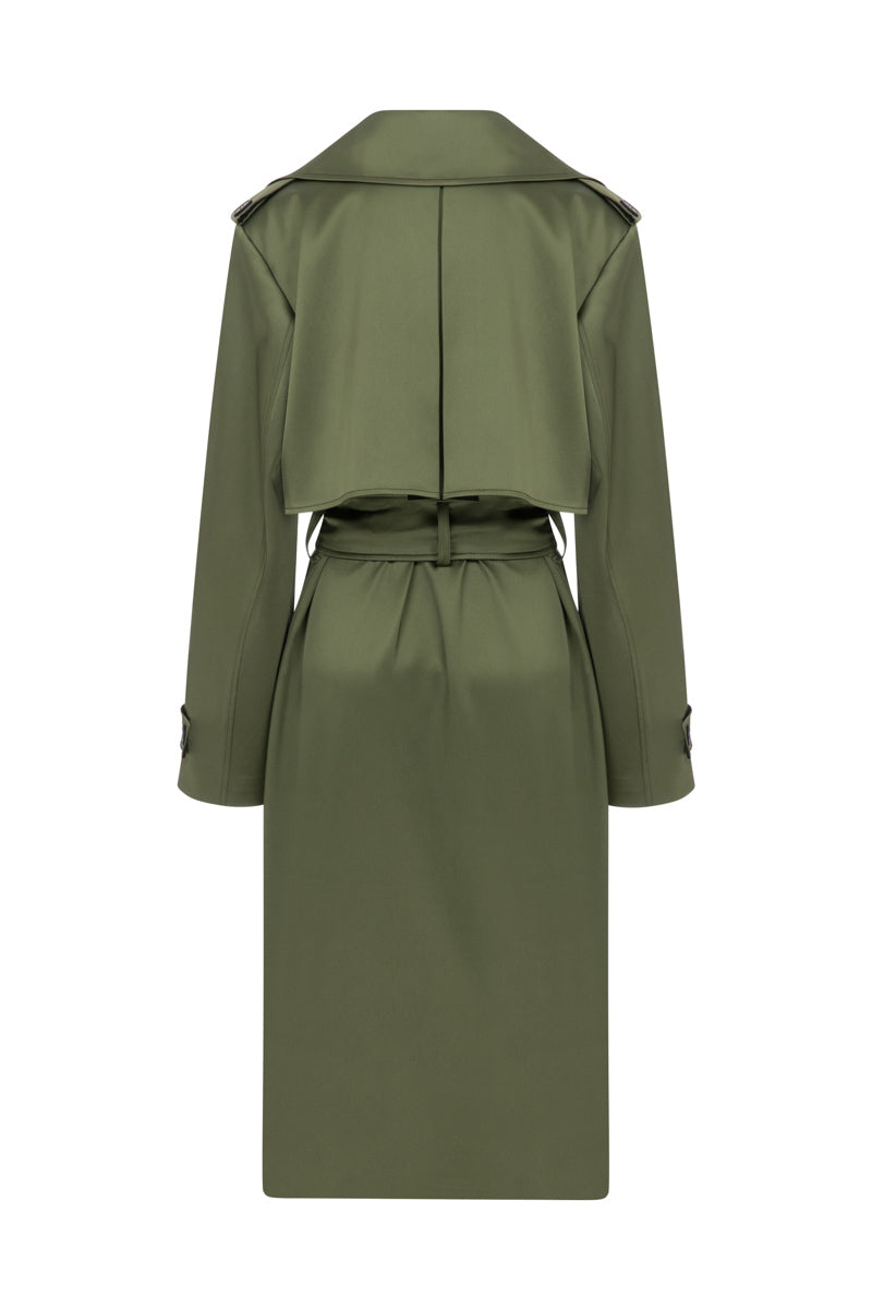 Green belted trench coat by TAGG, stylish outerwear with a waist belt, long sleeves, and classic trench design, ideal for layering.