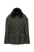 Gray oversized short trench coat by TAGG, shown on a hanger, featuring a classic collar and relaxed fit.