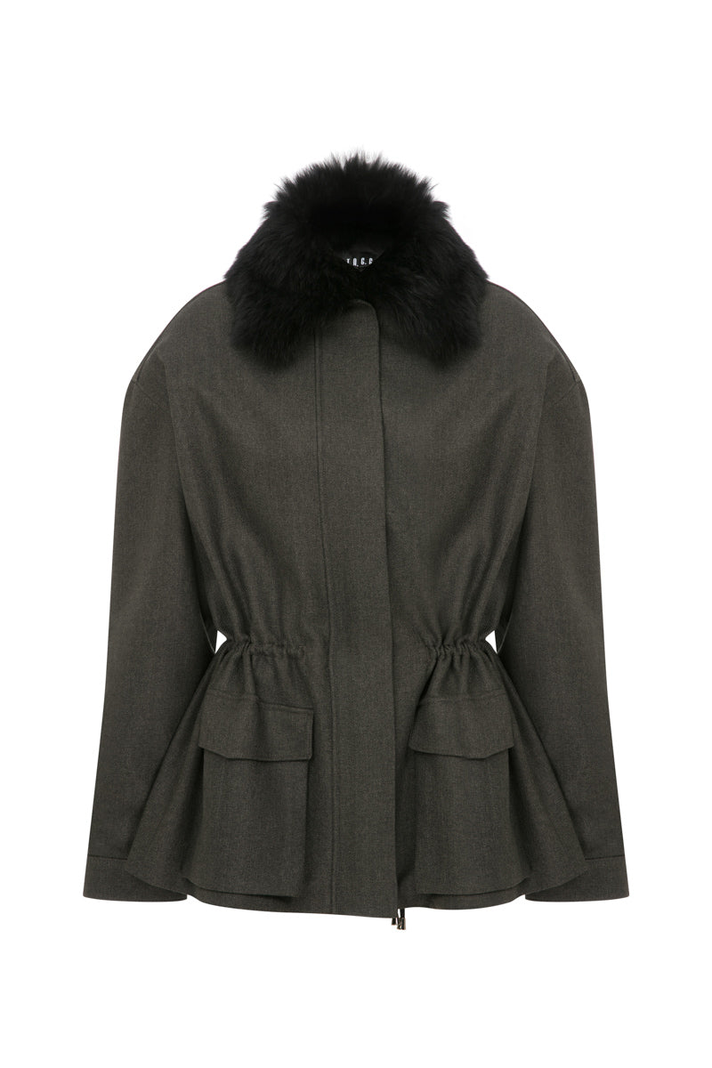 Gray oversized short trench coat by TAGG, shown on a hanger, featuring a classic collar and relaxed fit.