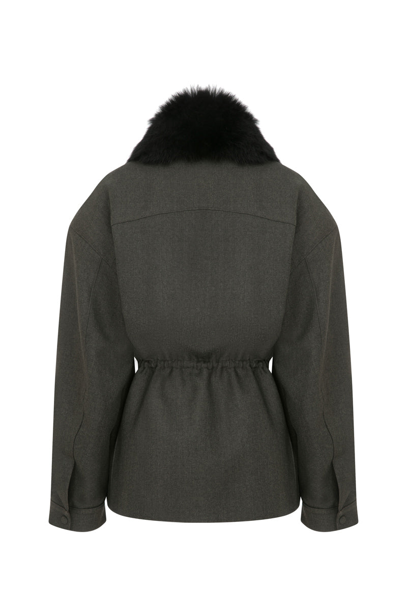 Gray oversized short trench coat by TAGG, shown in a stylish fit with classic collar and button details.