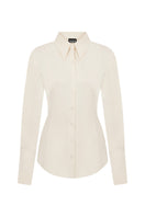 Ecru TAGG shirt with pearl buttons, long sleeves, and classic collar, displayed flat on a white background.