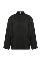 Black satin oversized blouse from TAGG, featuring a relaxed fit and smooth, shiny fabric, perfect for stylish casual wear.