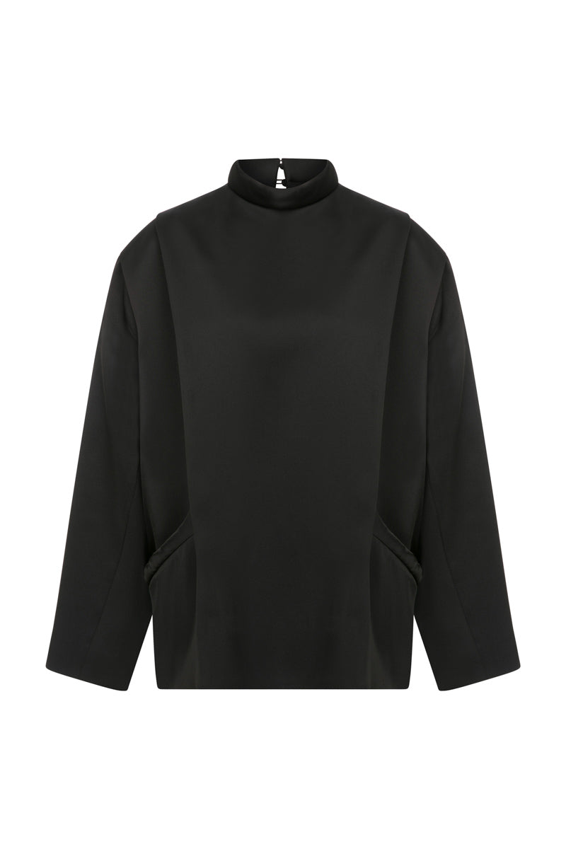 Black satin oversized blouse from TAGG, featuring a relaxed fit and smooth, shiny fabric, perfect for stylish casual wear.