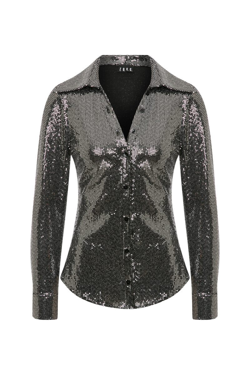 METALLIC SHIRT WITH BLACK PEARL BUTTONS - CULT MIA