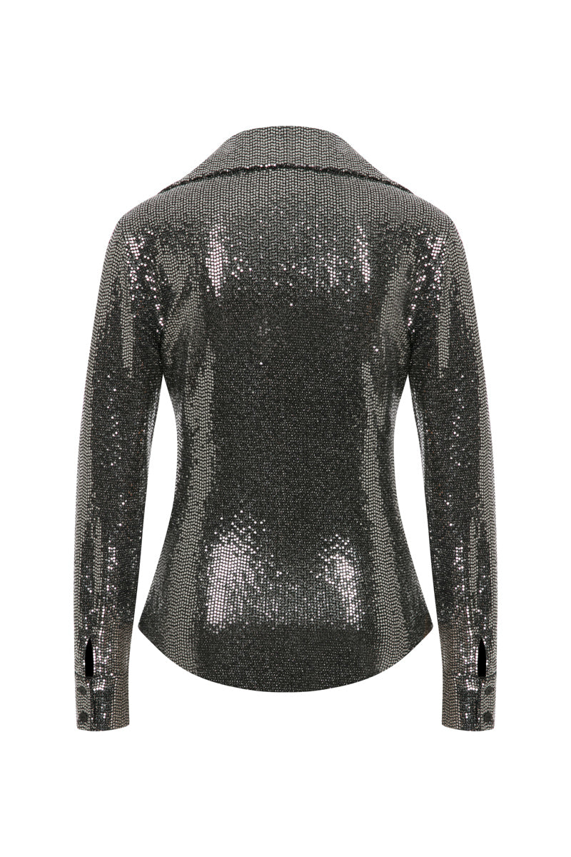 METALLIC SHIRT WITH BLACK PEARL BUTTONS - CULT MIA