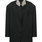 Gray oversized jacket with hand-embellished collar by TAGG, featuring a relaxed fit and stylish design.