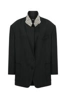 Gray oversized jacket with hand-embellished collar by TAGG, featuring a relaxed fit and stylish design.