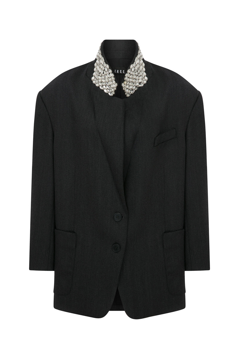 Gray oversized jacket with hand-embellished collar by TAGG, featuring a relaxed fit and stylish design.