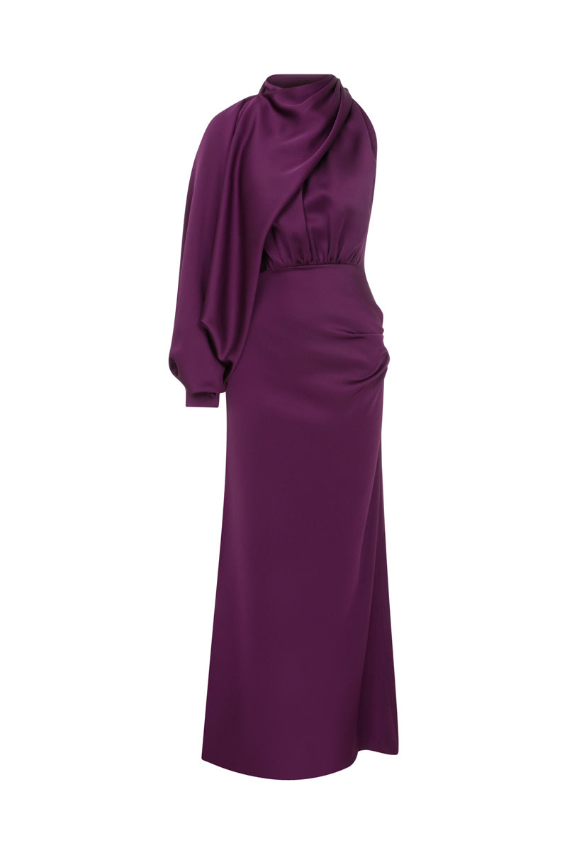 PURPLE ASYMMETRIC SATIN CREPE MIDI DRESS WITH DETATCHABLE CAPE - CULT MIA