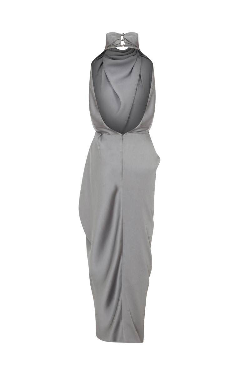 GRAY HALTERNECK SATIN CREPE MAXI DRESS - CULT MIA