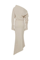 Ecru one-shoulder midi dress by TAGG, stylish maxi dress with elegant drape and minimalist design, perfect for summer occasions.